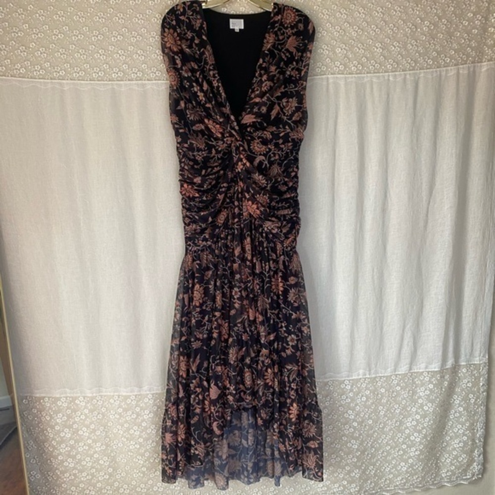 Boho floral midi dress ruched draped asymmetrical mesh overlay dee elly large
